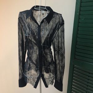 Like-new lacey black button-down blouse